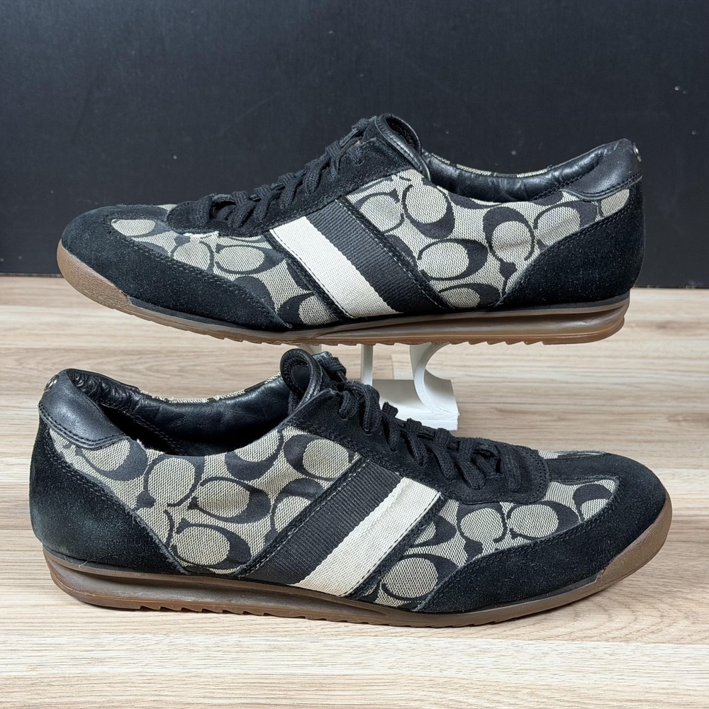 Coach Bruce Shoes Mens Size 12 Black Beige Canvas Leather Sneaker Casual